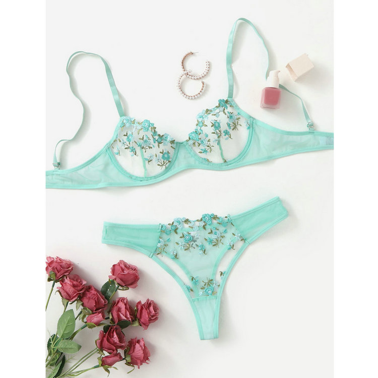 Women’s Low-Waist Lace Embroidered Bra Set – Elegant Matching Lingerie