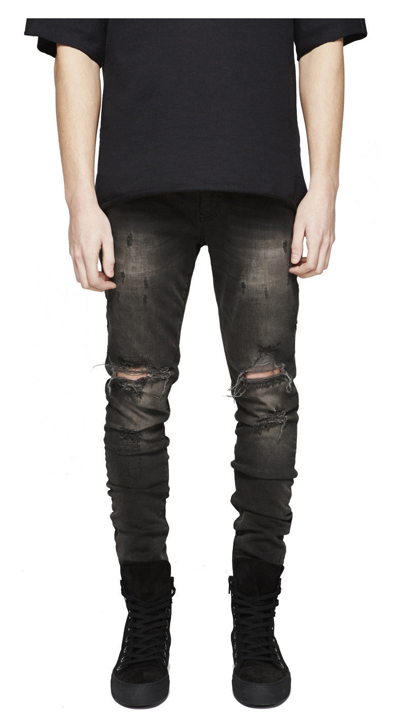 Men’s Street Knee Skinny Jeans – Cotton Stretch Mid-Waist Ripped Denim in Black & Blue, Sizes 28–38
