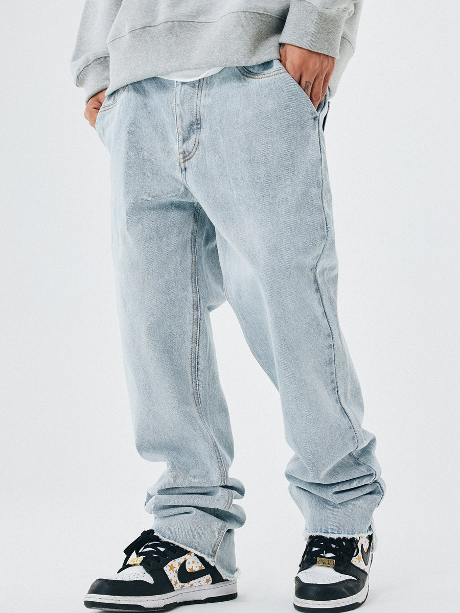 Men’s Loose Straight-Leg Raw Edge Jeans – Vintage Light Blue & Dark Grey Casual Denim, M–3XL