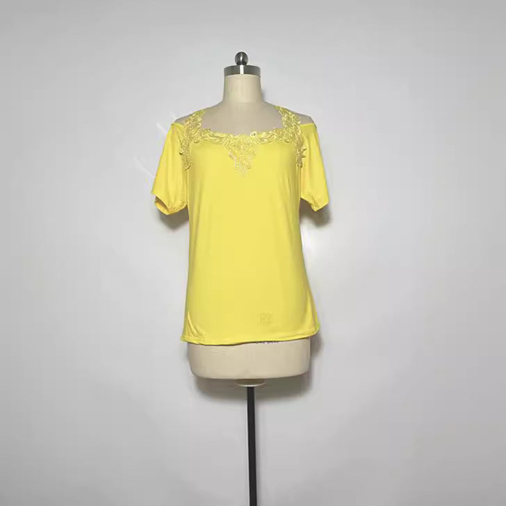 V-Neck Patchwork Lace Casual Loose T-Shirt for Women