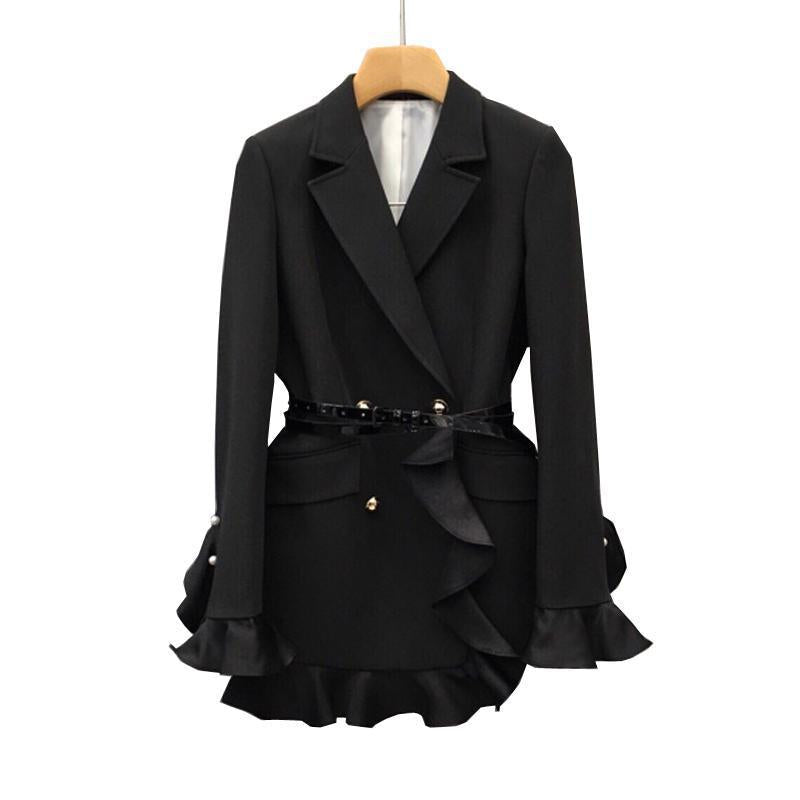 Women’s Korean-Style Ruffled Waist Blazer – Double-Breasted Slim Tailored Black Jacket, S–XL