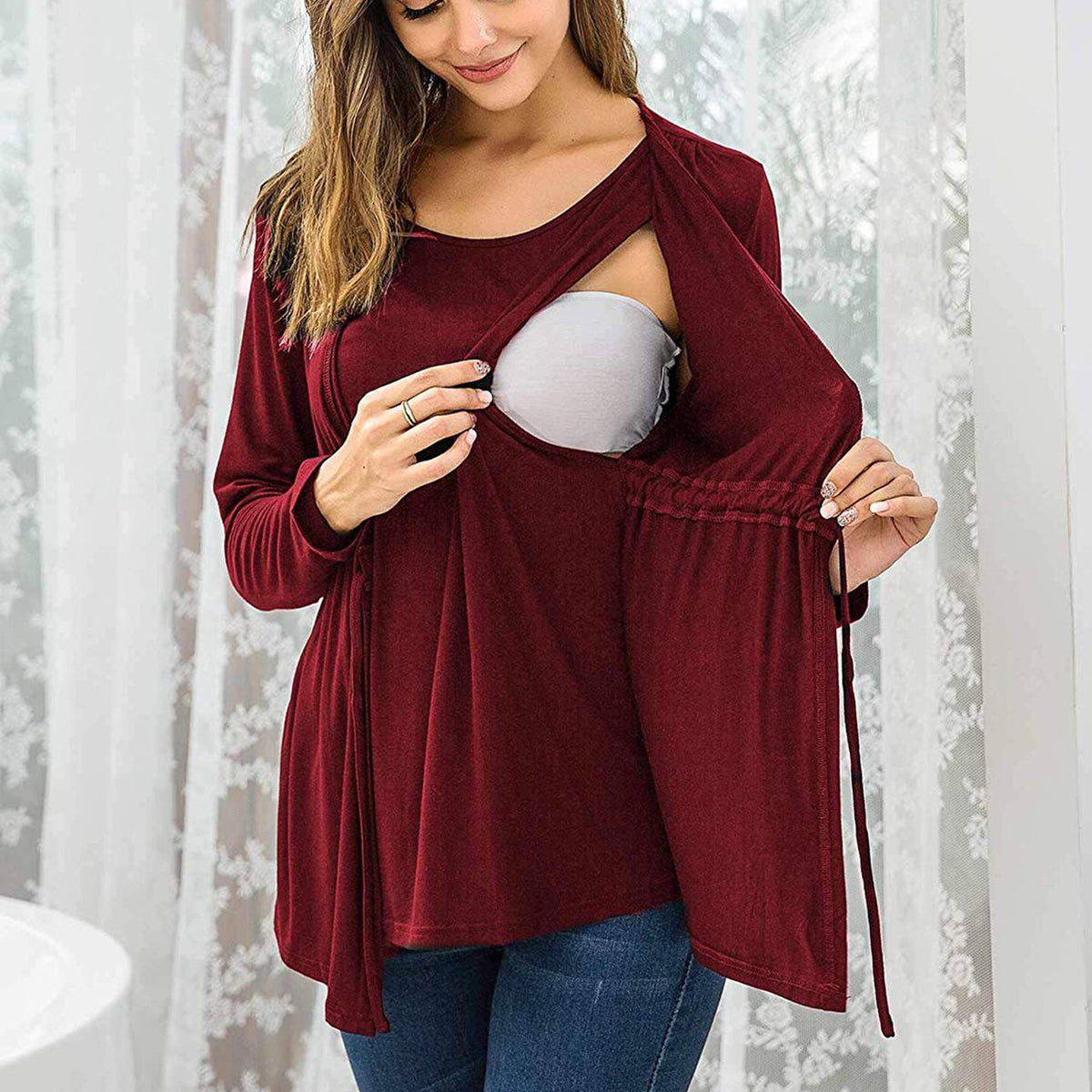 Women’s Layered Nursing Top – Long Sleeve Breastfeeding Maternity Blouse