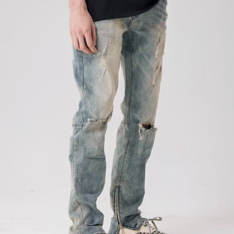 Straight-Leg Vintage Washed Zipper Jeans – Non-Stretch Long Denim Pants, Sizes 30–36