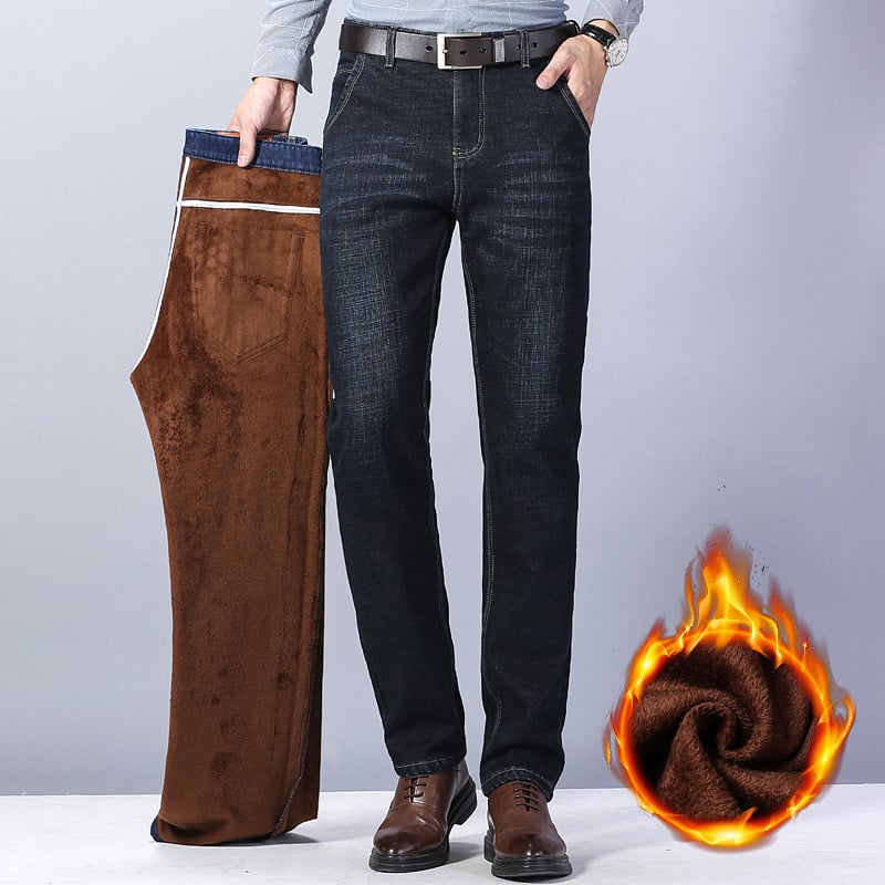 Men’s Thick Warm Fleece-Lined Jeans – Cotton Loose Straight-Leg Winter Denim Pants, Sizes 28–40