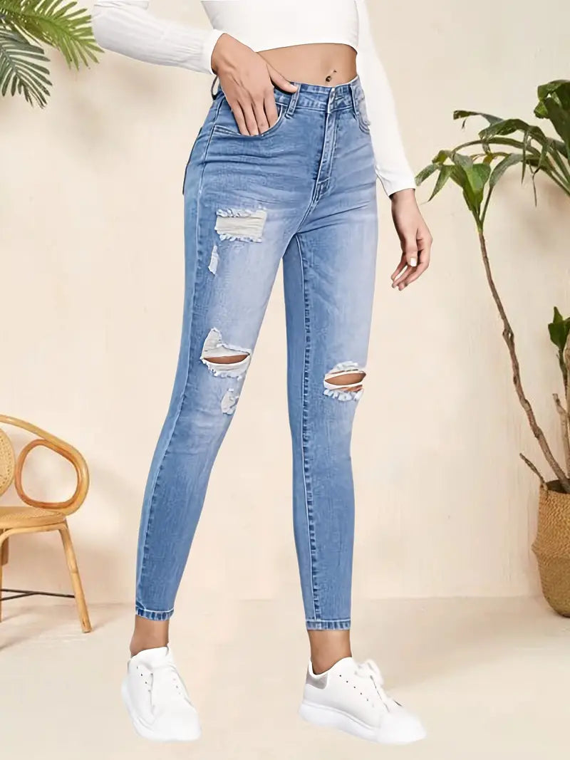 Women’s Light Blue Ripped High-Rise Skinny Jeans – Stretch Cotton Denim, XS–XL