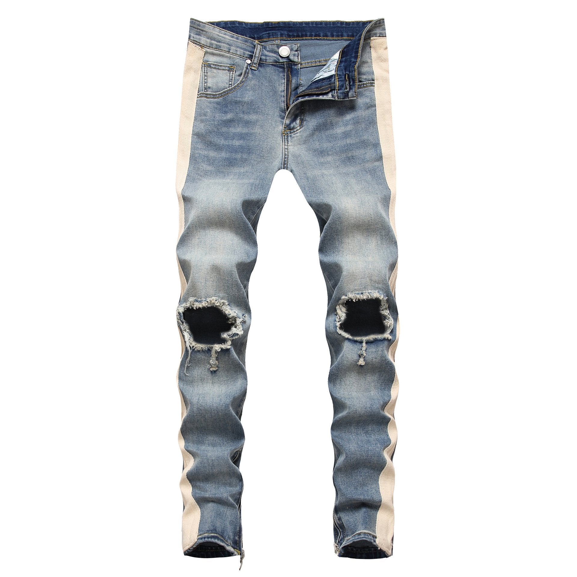 Men’s Retro White Striped Ripped Jeans – Stretch Cotton Straight-Leg Blue Denim, S–XL