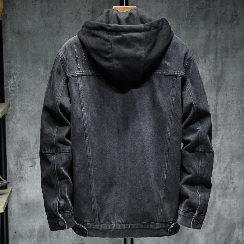 Men’s Thickened Denim Jacket with Hood for Winter