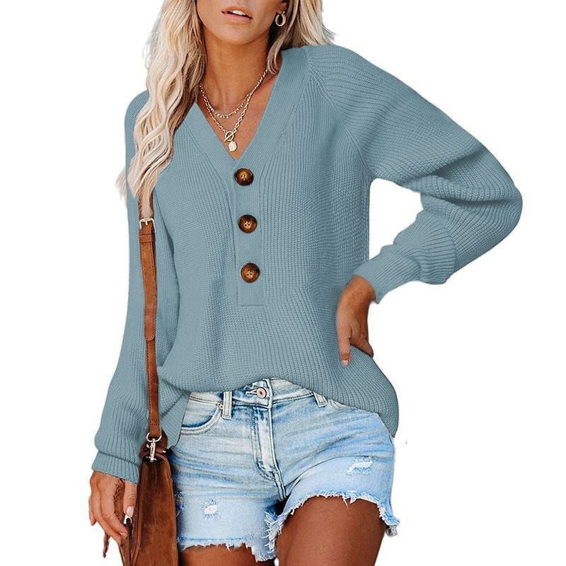 Women’s Button Knitted V-Neck Sweater – Cotton Loose-Fit Long Sleeve Pullover, 11 Colors, S–3XL