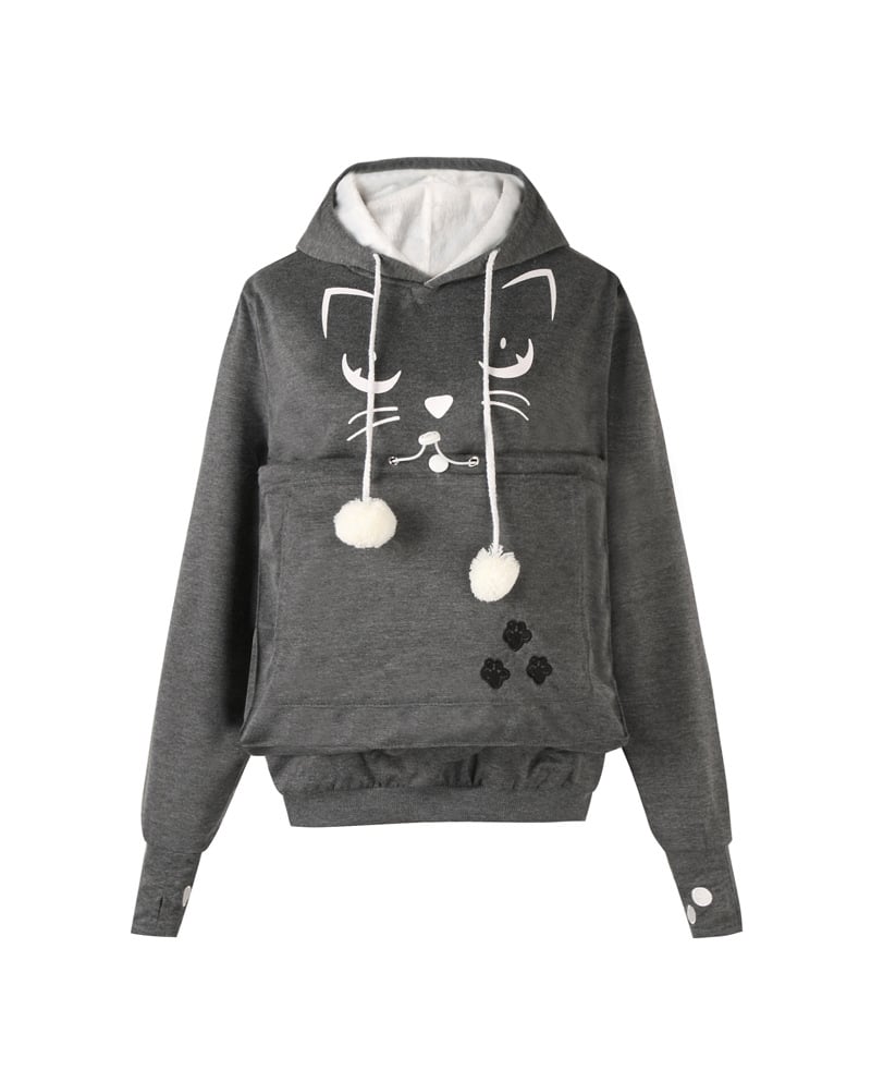 Women’s Alien Cat Printed Hooded Sweater – Cotton Blend Loose-Fit Graphic Pullover Hoodie, 12 Colors, S–4XL