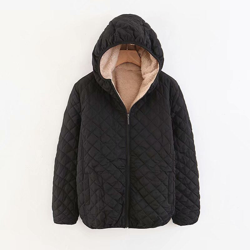 Women’s Plus Size Korean Plaid Fleece Jacket – Hooded Lamb Fleece Winter Coat, 10 Colors, S–3XL