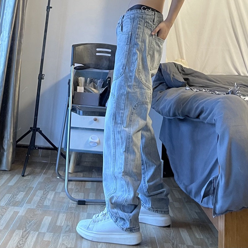Unisex Retro Wash Loose Straight Jeans – Mid-Waist Cotton Blend Casual Denim Pants, S–3XL
