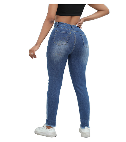 Women’s High-Waist Stretchy Ripped Skinny Jeans – Light Blue Raw Hem Pencil Denim, S–XXL