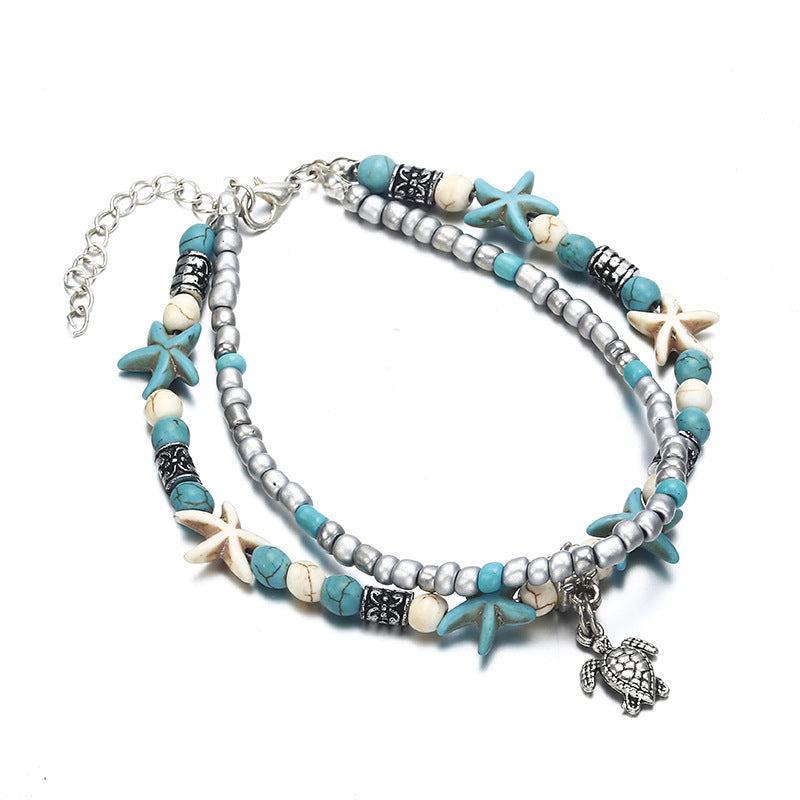 Double Layer Anklet with Starfish and Turtle Pendant
