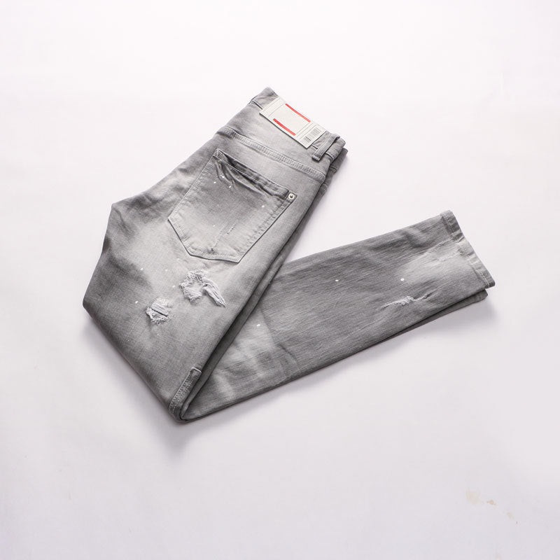 Men’s Distressed Gray Denim Pants – Casual European Style – USA