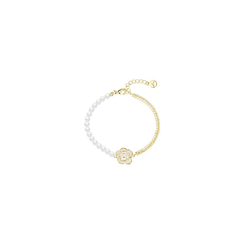 Women’s Pearl Camellia Flower Bracelet – Gold Light Luxury Floral Jewelry