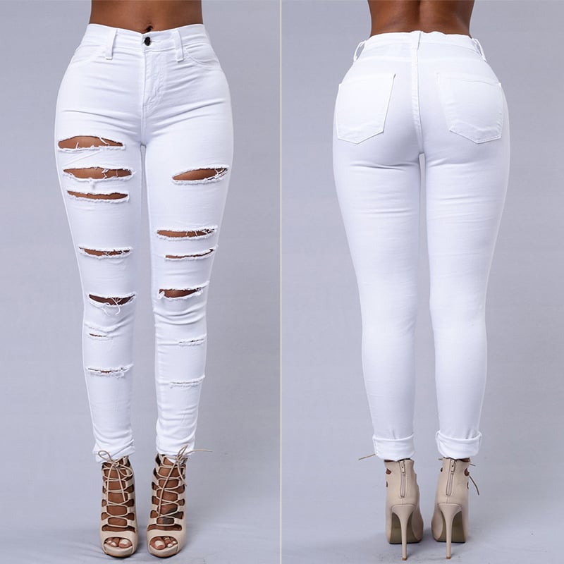 Women’s High-Waist Ripped Skinny Jeans – Cotton Pencil-Fit Denim in Black & White, S–2XL