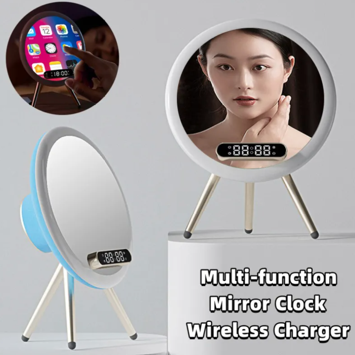 LED Mirror Alarm Clock with Wireless Charger & Bluetooth Speaker