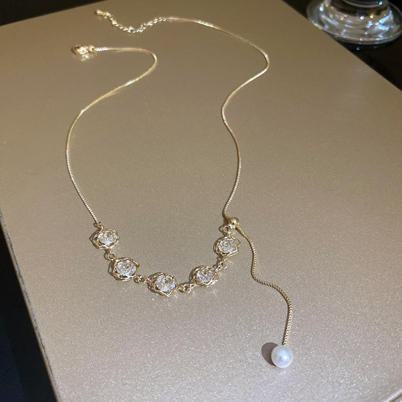 Korean Vintage Pearl Tassel Floral Bow Choker Necklace