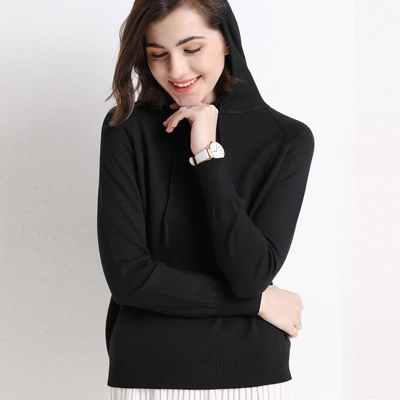 Women’s Lightweight Hooded Knit Sweater – Printed Long Sleeve Casual Pullover, 14 Colors, M–2XL