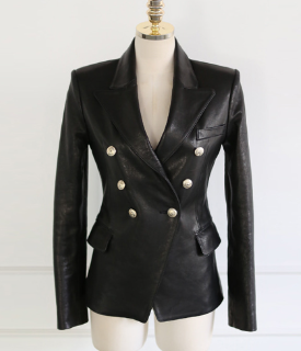 Women’s Black Double-Breasted Faux Leather Blazer – Chic PU Leather Jacket, S–XL