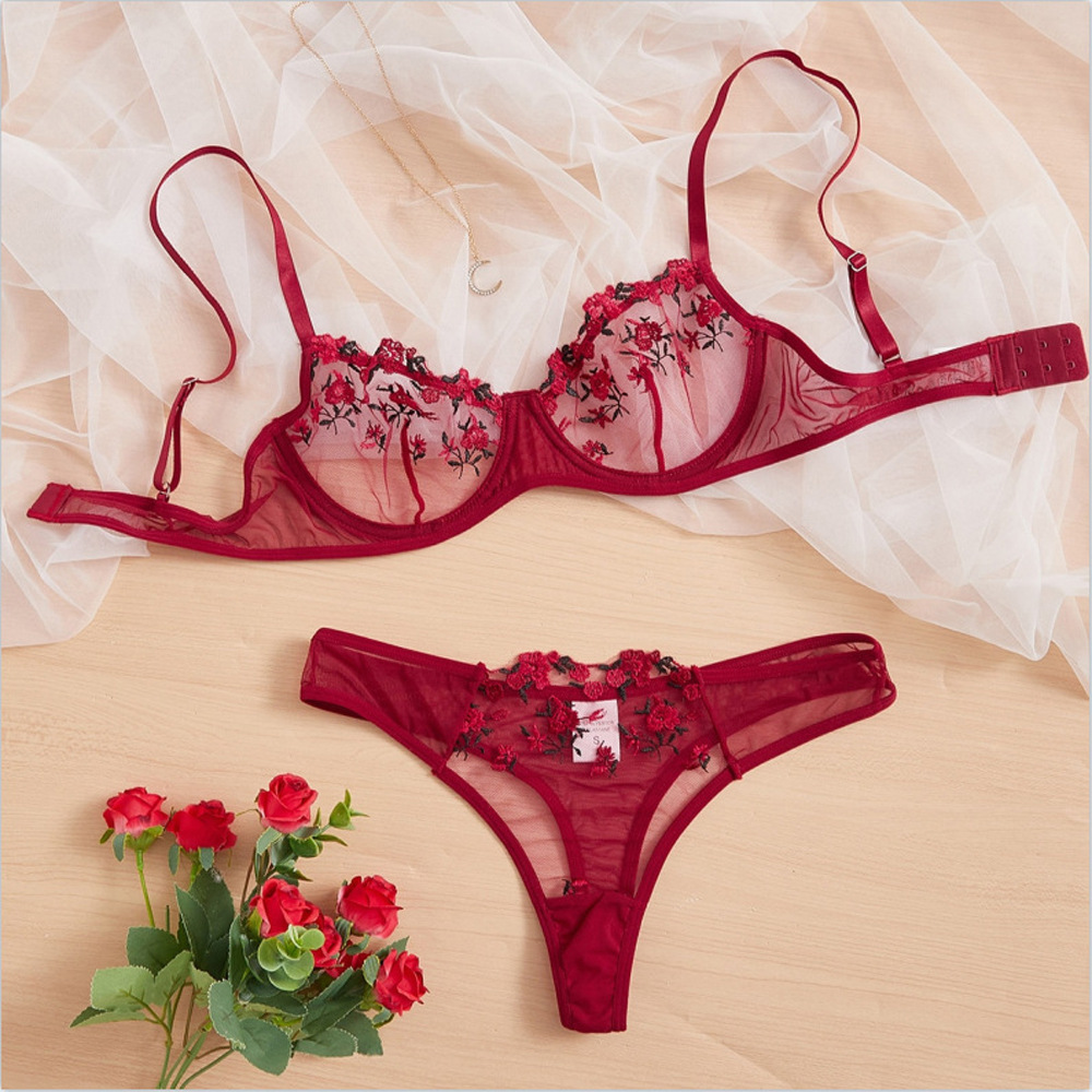 Women’s Low-Waist Lace Embroidered Bra Set – Elegant Matching Lingerie