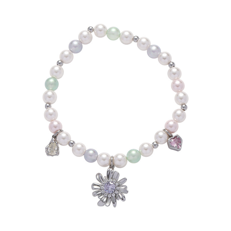 Women’s Colorful Pearl Flower Bracelet – Silver Zircon Floral Jewelry