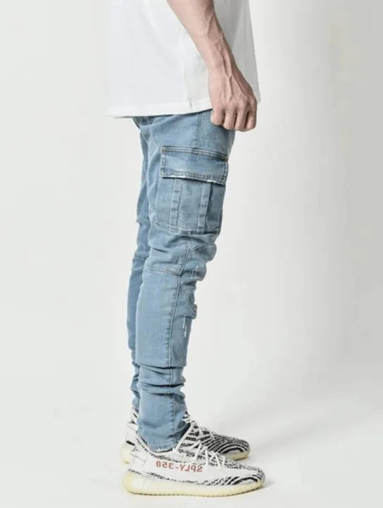 Men’s Skinny Cargo Jeans with Side Pockets – 80% Cotton Stretch Pencil Denim Pants, S–3XL
