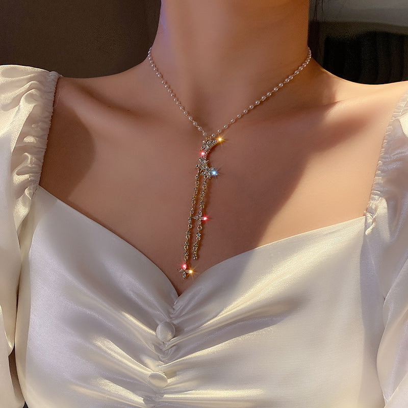 Korean Vintage Pearl Tassel Floral Bow Choker Necklace