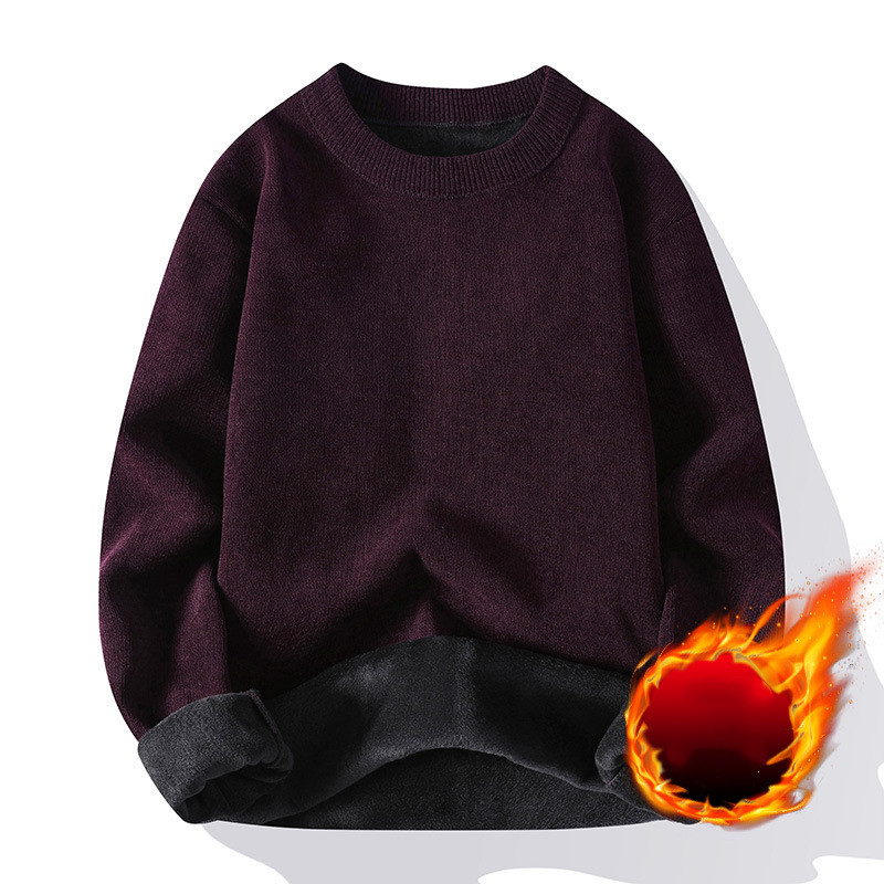 Men’s Plush Round Neck Sweater – Slim-Fit Warm Fleece-Lined Solid Pullover, 4 Colors, M–4XL