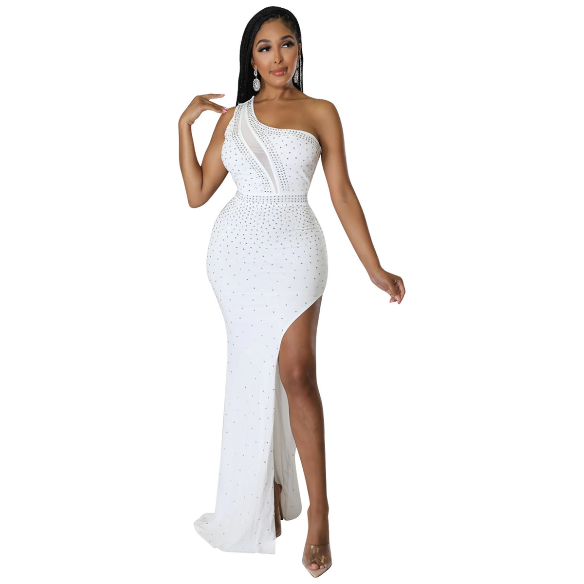 Women’s Rhinestone One-Shoulder Maxi Dress – Milk Silk Embellished Swing Party Dress, S–XXL