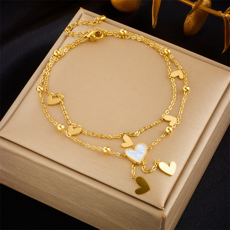 Trendy Layered Heart Pendant Chain Anklet in Titanium Steel