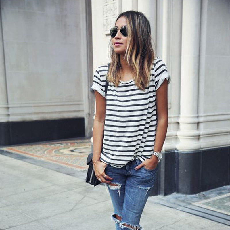Striped Short Sleeve Loose T-Shirt for Women