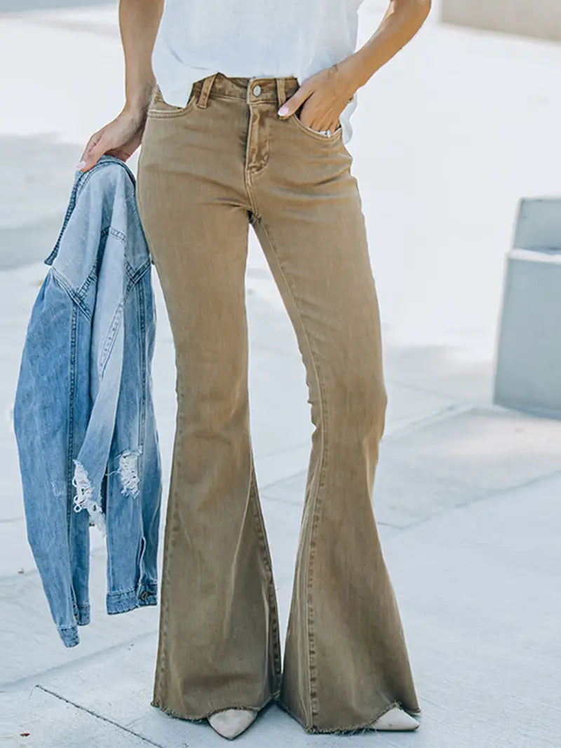 Women’s High-Waist Flared Bell Bottom Jeans – Camel Raw Hem Wide-Leg Denim, S–L
