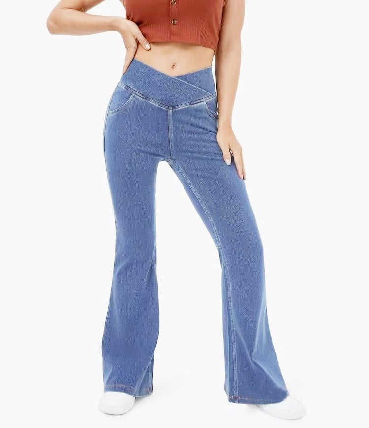 Women’s High-Imitation Denim Bell-Bottom Pants – Mid-Waist Stretch Flared Jeans, XS–4XL