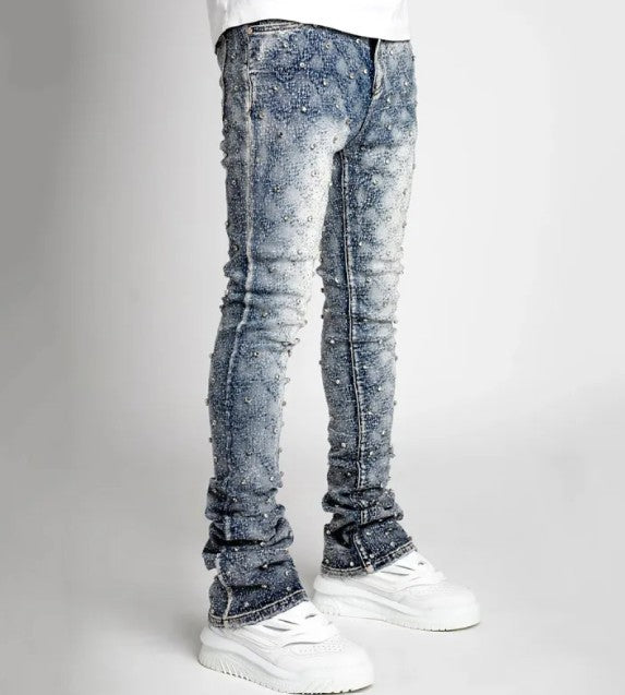 Slim-Fit Rhinestone Embellished Denim Jeans – Stacked Straight-Leg Blue & Black Fashion Jeans, S–2XL