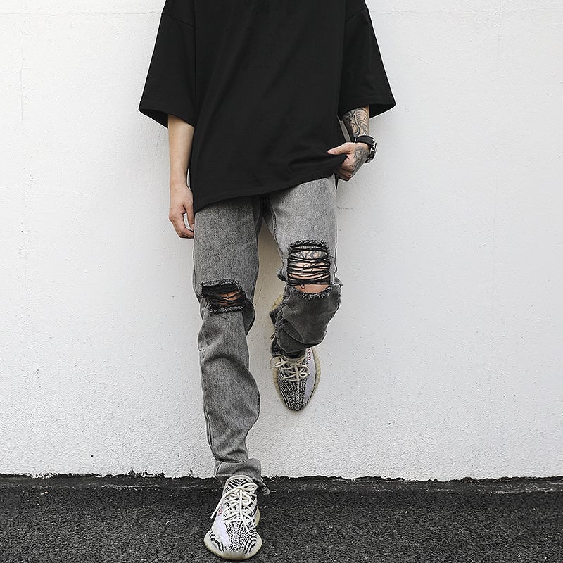 Men’s Slim-Fit Distressed Gray Jeans – Straight-Leg Washed Ripped Streetwear Denim, S–3XL