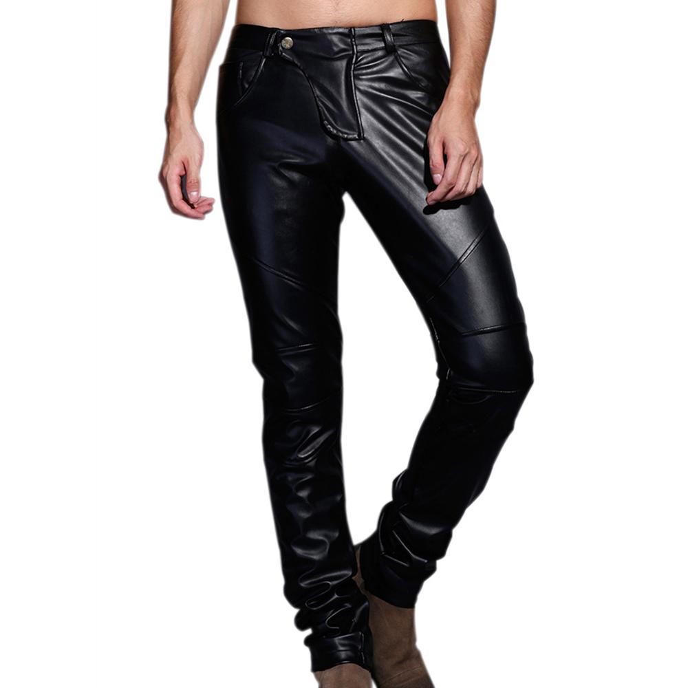 Men’s Slim Fit Spliced Leather Pants – Fashion Biker Trousers