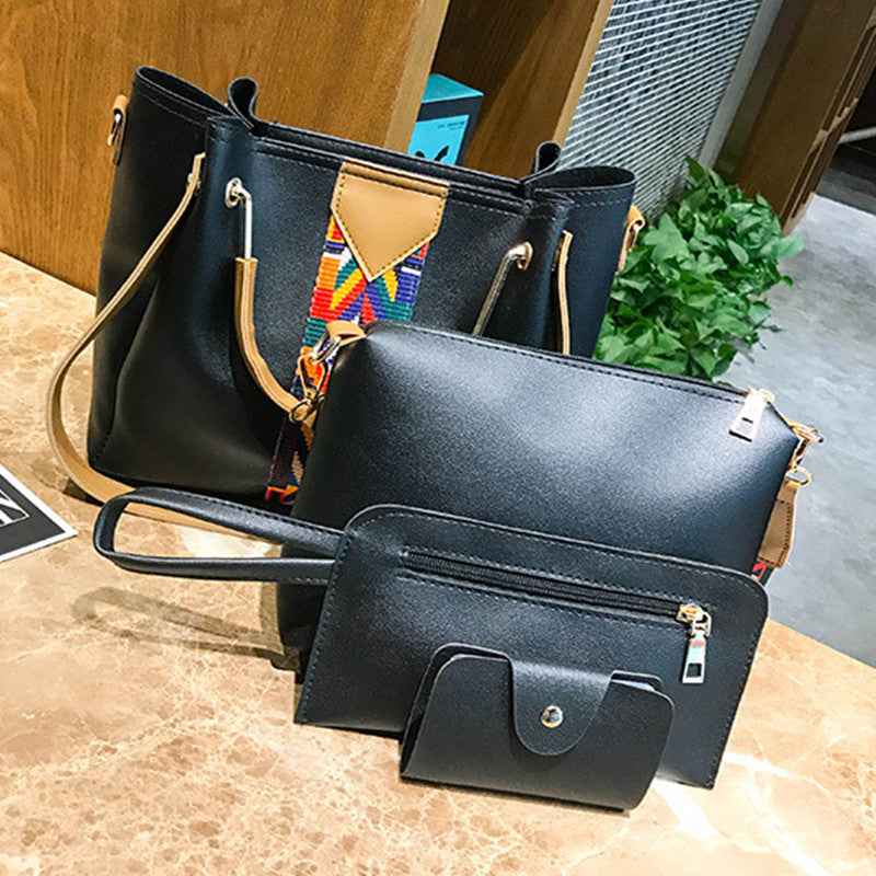 Ribbon Bucket Bag Set for Women – 4-Piece Large Capacity PU Handbag & Shoulder Bag Set