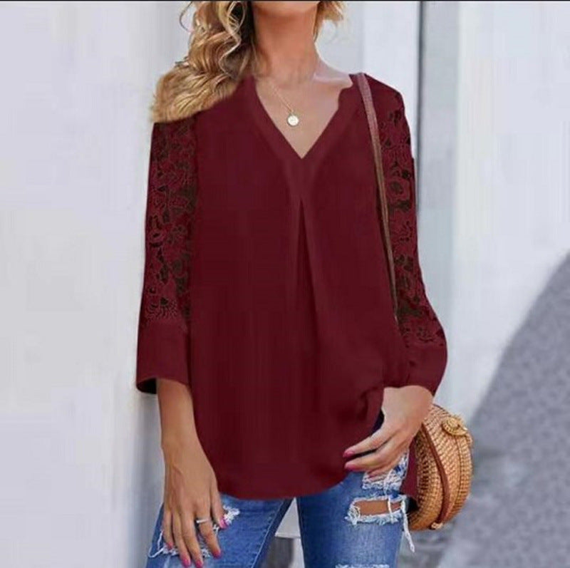 Loose-Fit Lace-Trimmed V-Neck T-Shirt for Women