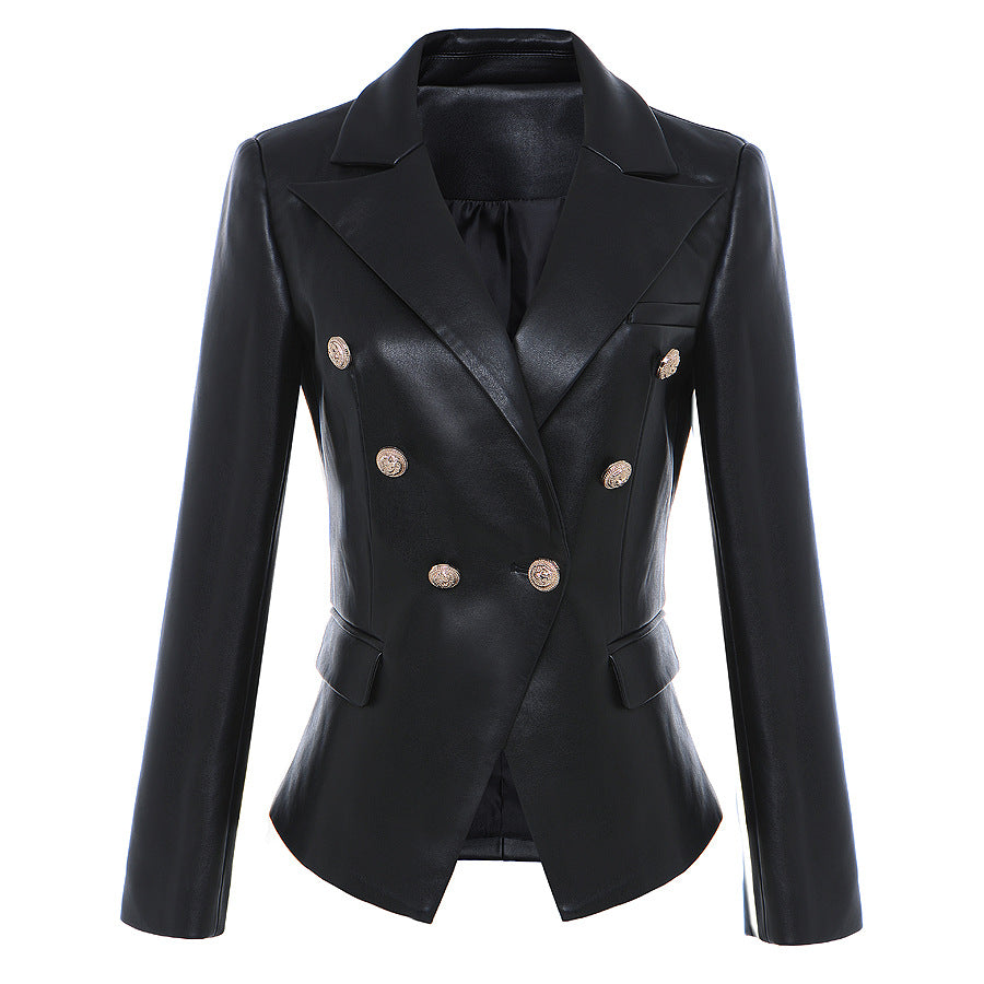 Women’s Black Faux Leather Blazer – Double-Breasted Lion Button Tailored Jacket, S–3XL