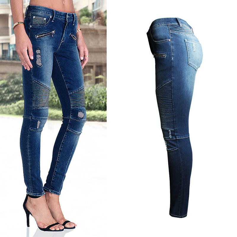 Women’s European-Style Ripped Skinny Jeans – Elastic Cotton Mid-Rise Blue Distressed Denim, S–3XL