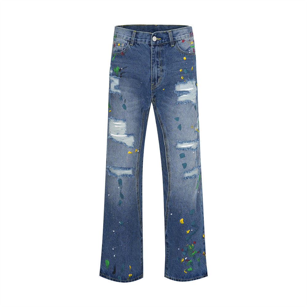 Men’s Ripped Paint Wide-Leg Jeans – Distressed Streetwear Denim Pants