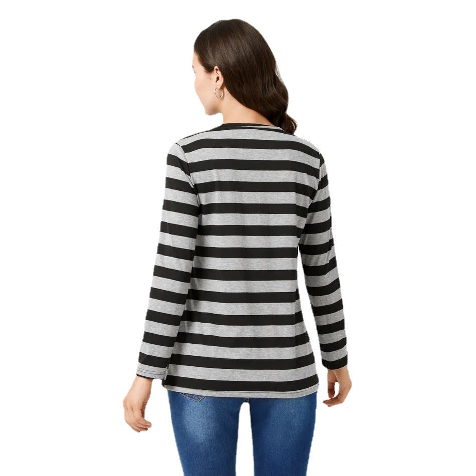 Women’s Striped V-Neck Maternity Nursing Top – Breastfeeding Casual Shirt