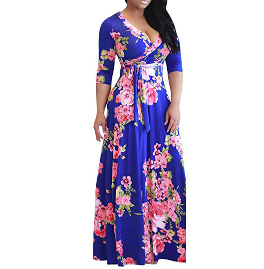 Plus Size Floral Maxi Dress – Women’s V-Neck Tie-Waist Summer Dress S–5XL