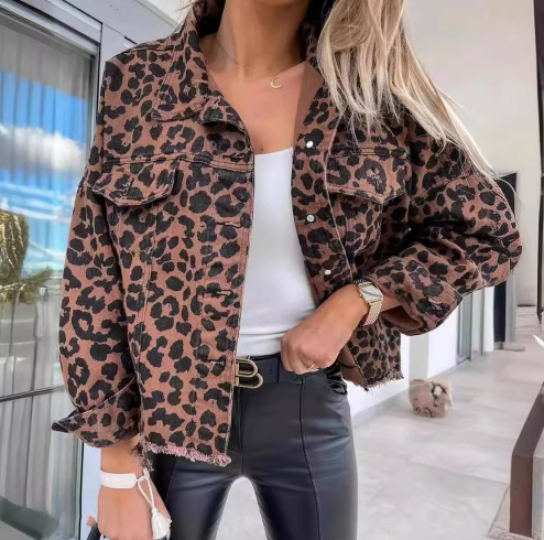 Women’s Leopard Print Denim Jacket – Relaxed-Fit Casual Winter Jeans Jacket, S–XL
