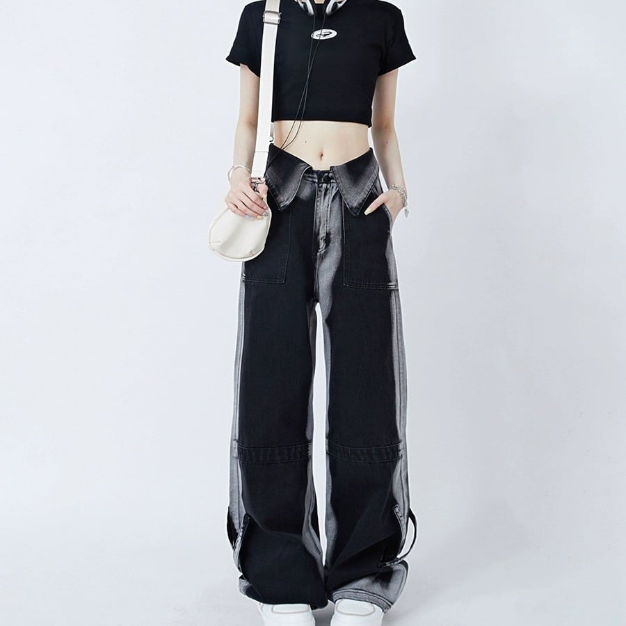 Women’s American-Style Retro Cuffed Jeans – High-Waist Straight-Leg Black Cotton Denim, S–XL