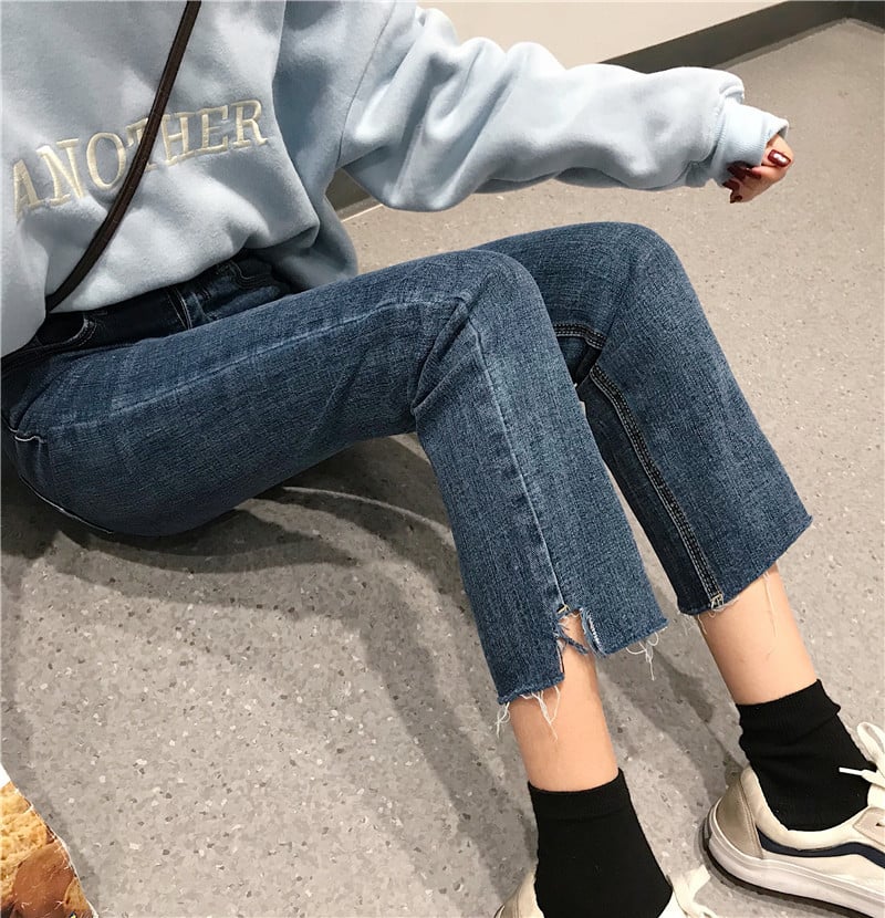 Women’s Chic High-Waist Calf Jeans – Straight-Leg Cropped Denim in Light Blue & Black, S–L