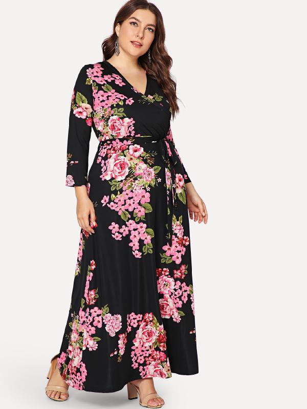 Plus Size Floral Maxi Dress – Women’s V-Neck Tie-Waist Summer Dress S–5XL