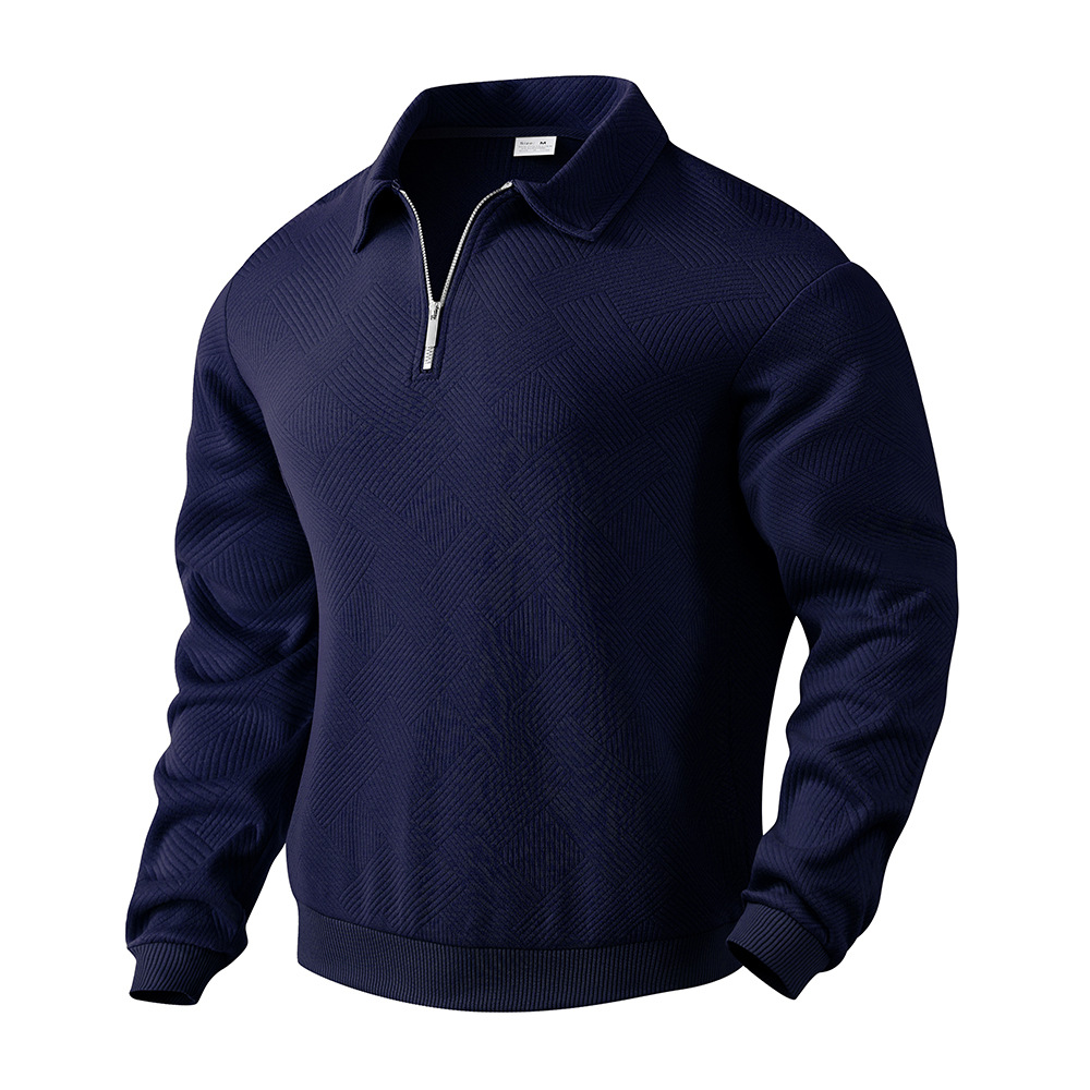 Men’s Lapel Jacquard Half Cardigan Sweater – Textured Polyester Long Sleeve Pullover, 5 Colors, S–3XL