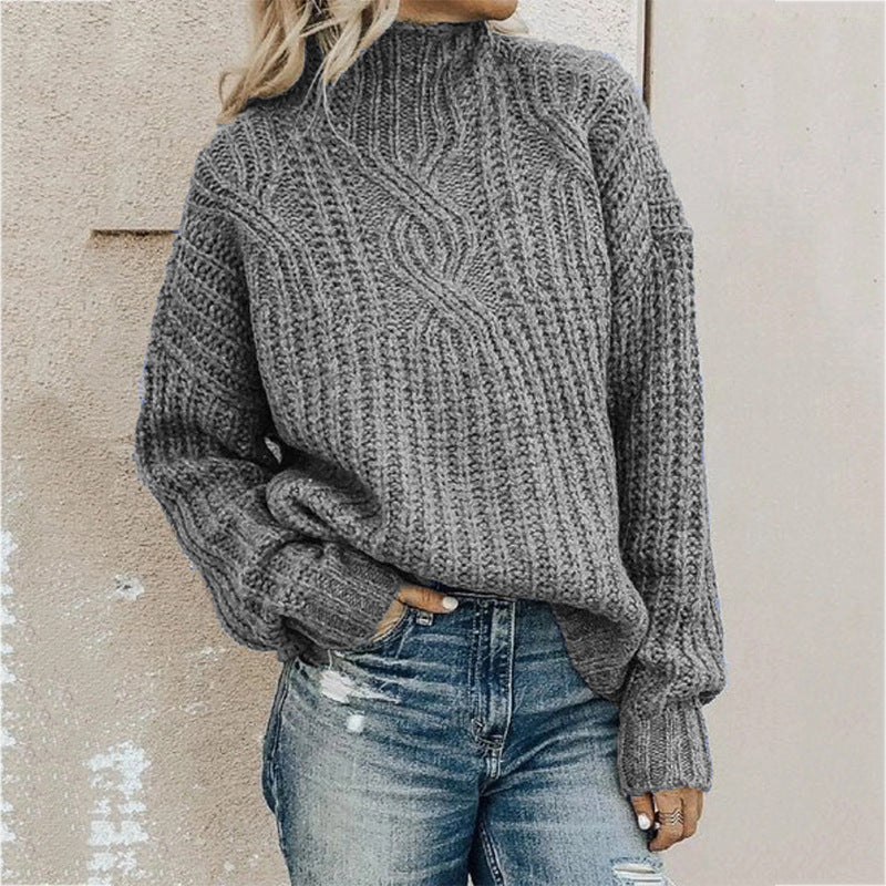 Women’s High-Neck Twist Knit Sweater – Solid Color Warm Pullover, 6 Colors, S–3XL
